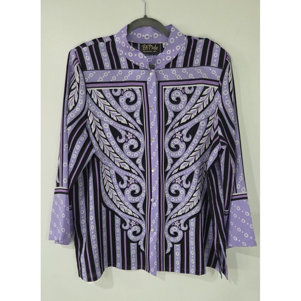 BOB MACKIE Wearable Art Purple Black Womens Long Sleeve Button Sheer Blouse XL